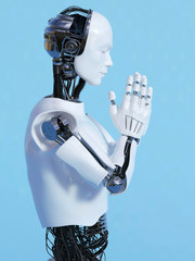 Robot man doing namaste nr 3.