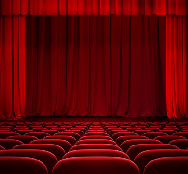 red curtain on theater stage with red velvet seats