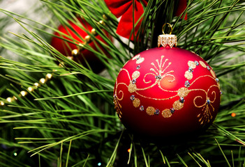 Christmas ball hanging on fir tree