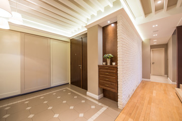 Spacious anteroom interior in warm tones and modern ceiling ligh