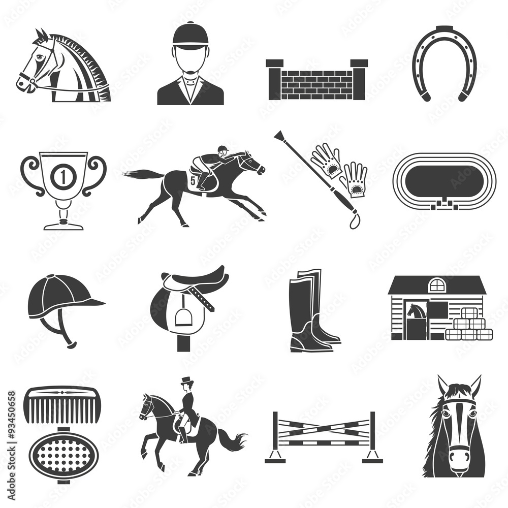 Poster black icons set with horse equipment