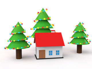 Obraz na płótnie Canvas 3d house with decorated Christmas trees