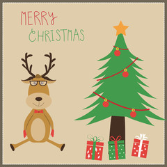 Hipster Reindeer with Chistmas tree and the gift boxes merry chr