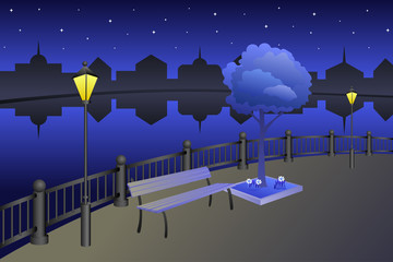Landscape embankment city summer night river bench lamp illustration vector