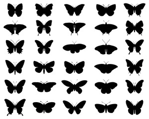 Black silhouettes of butterflies, vector - obrazy, fototapety, plakaty