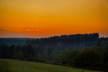 roter Abendhimmel mit Wald im Harz