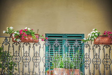 close up of a balcony with flower pots in Tuscany