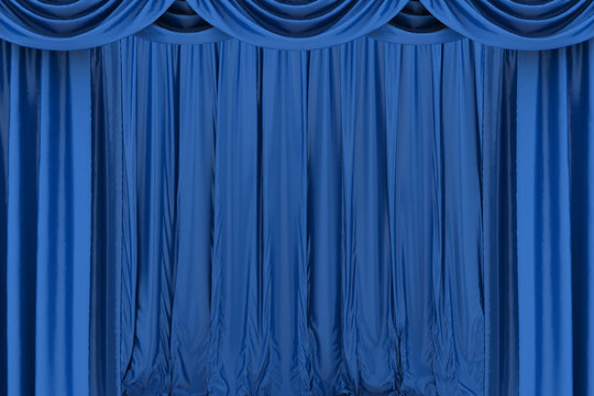 Background image of blue silk stage curtain on theater