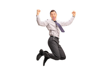 Overjoyed businessman shot in mid-air