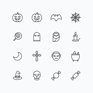 Halloween icons for web and mobile. Outline vector icons, 2 pixel stroke thin