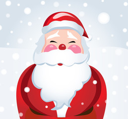Laughing Santa Claus in the snow. Winter landscape and friendly Santa. Christmas scene.