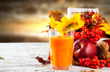 Autumn nature concept. Fall fruit and vegetables on wooden table