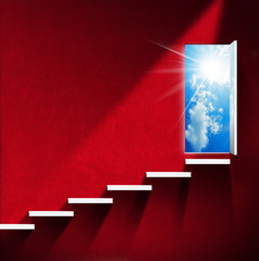 Stairway to Heaven - Red Room / Room with red wall and white stairway, open door with blue sky, clouds and sun rays. Heaven and hell concept