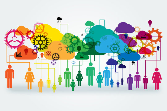 Network vector design concept. Abstract people linked to colorful clouds