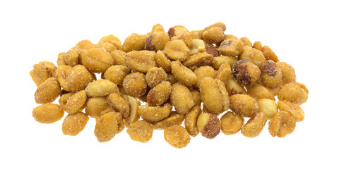 Salted caramel coated peanuts on a white background