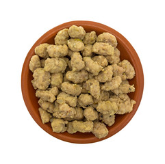 Crumbled Italian sausage in a small bowl top view