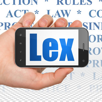 Law concept: Hand Holding Smartphone with Lex on display
