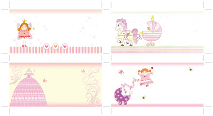 Four  invitations for girls in one document.  Each invitation has dimensions 2718X1299 pixels, 23cmX11cm at 300dpi.  