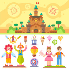Castle of children happiness. Flat vector illustration set: magic castle, clowns, balloons, boy and girl, fireworks, carousel, rabbit in a hat, ice-cream. Stock Vector.