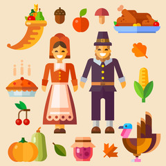 Fototapeta premium Thanksgiving day! Thanksgiving symbols: pumpkin, autumn leaves, corn, pilgrims, cherry, jam. Flat vector illustration set. Vector stock cartoon.