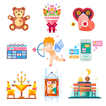 Love theme attributes: teddy bear, bouquet, heart-shape box with candies, calendar with dating date, cupid, love messaging, lovely dinner, photo with boy and girl are together. Flat illustration set.