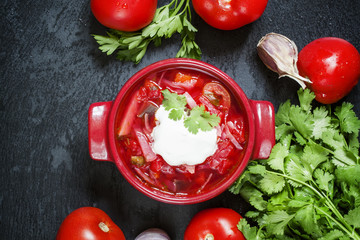 Traditional Russian Ukrainian vegetable soup with cabbage  borsc