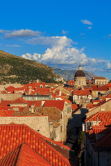 Rooftop View at sunset of buildings of old fortress in Dubrovnik