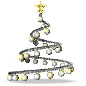 Decorazione Natale 2015008
Addobbi natalizi. Serie di palle di Natale bianche, argentate e con varie decorazioni su filo argentato a forma di abete.
