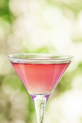 Cosmopolitan cocktail on a summer green nature bokeh background,