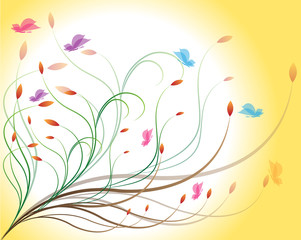 Fototapeta na wymiar Floral on yellow background with butterflies