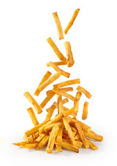 Flying fried potatoes isolated on white background. French fries - obrazy, fototapety, plakaty
