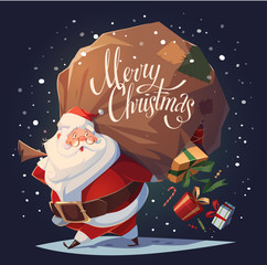 Santa drops gifts. Christmas greeting card \ background \ poster. Vector illustration.