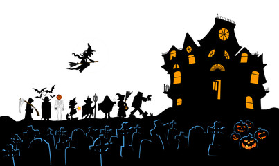 halloween costumes with cemetery haunted house and pumpkins