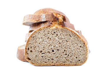 Stack of slices of bread on white background.