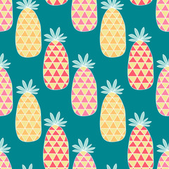 Seamless summer pattern with doodle pineapples. Hand drawn fruits on green background.