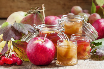 Homemade apple jam in banks in the autumn background with ripe a