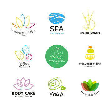 Set of vector logo elements. Wellness, yoga, spa, health and cosmetics emblem collection.