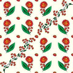 Red flowers and autumn berries seamless pattern background