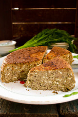 Vegetarian lentil-mushroom pie and yogurt dip with dill