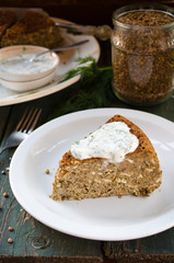 Vegetarian lentil-mushroom pie and yogurt dip with dill