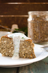 Vegetarian lentil-mushroom pie and yogurt dip with dill