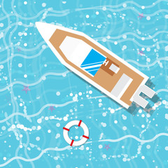 Summer vacation, time to travel, beach rest: sun, sea, waves, sand,  umbrella, towel, flippers, starfish, lifebuoy. Vector flat background and objects illustrations
