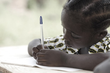 Cute African schoolgirl doing her homework at school: beautiful black girl writing and learning...