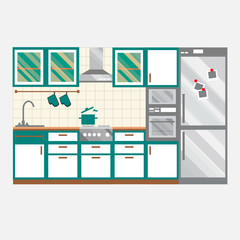 Kitchen interior design. Home furniture. Set of elements: stove, oven, microwave, cupboards, dishes, tap. Vector illustration