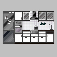 Kitchen interior design. Home furniture. Set of elements: stove, oven, microwave, cupboards, dishes, tap. Vector illustration