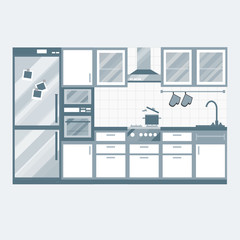 Kitchen interior design. Home furniture. Set of elements: stove, oven, microwave, cupboards, dishes, tap. Vector illustration