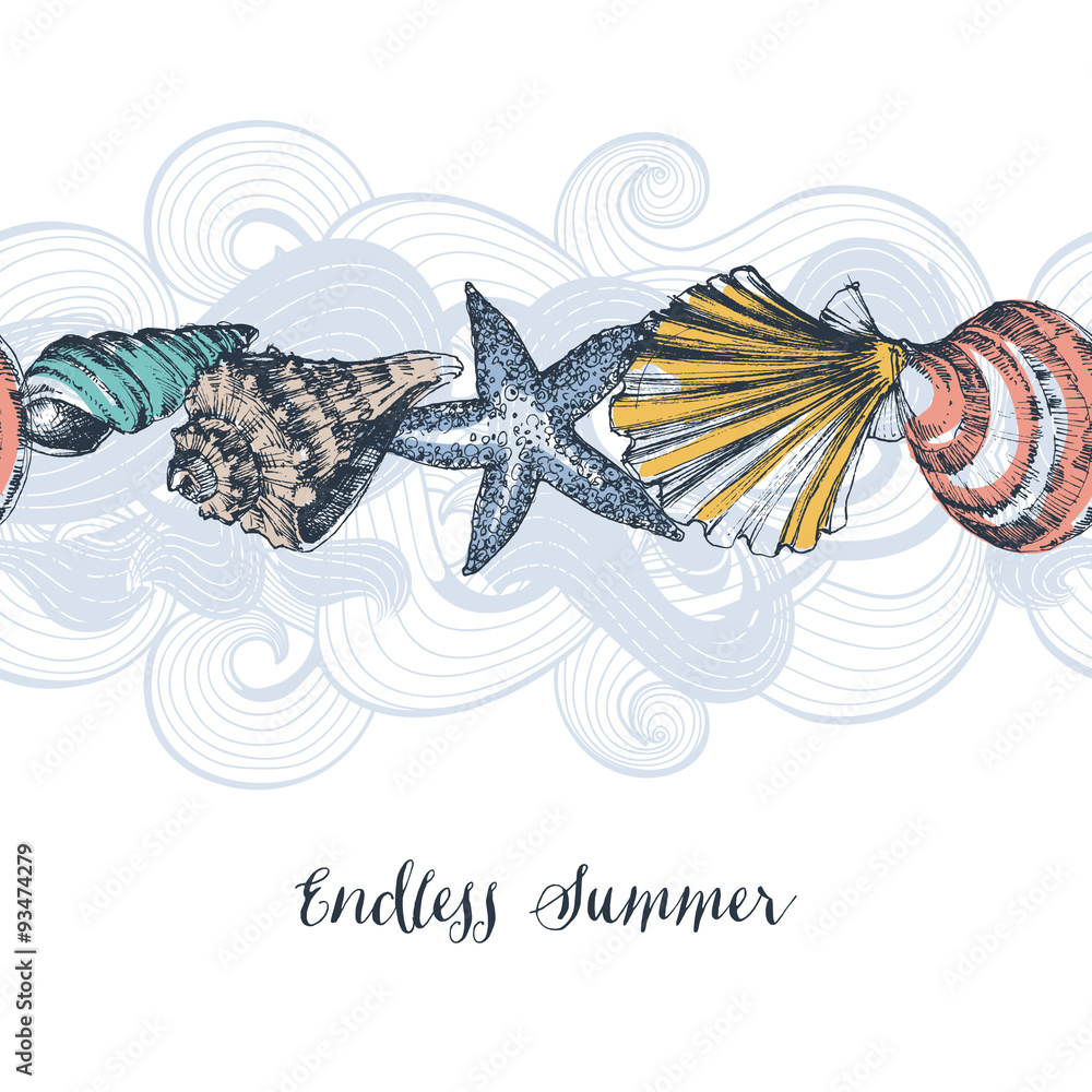 Aufkleber sea shells background seamless pattern