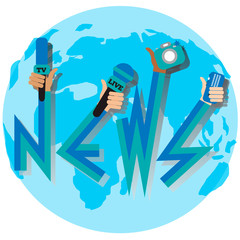 Live report concept, live news - set of hands holding microphones and voice recorders..Breaking news flat style vector illustration. Mass media signs, symbols, objects, icons, abstract elements. .
