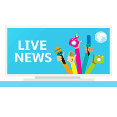 Live report concept, live news - set of hands holding microphones and voice recorders..Breaking news flat style vector illustration. Mass media signs, symbols, objects, icons, abstract elements. .