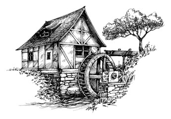 Old water mill sketch - obrazy, fototapety, plakaty